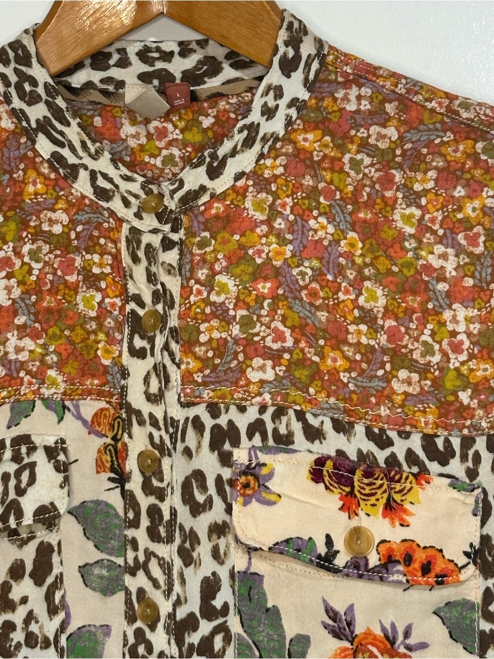 Anthropologie Pilcro Sz L Patchwork Button Up Blouse Floral Leopard Oversized - Picture 3 of 15